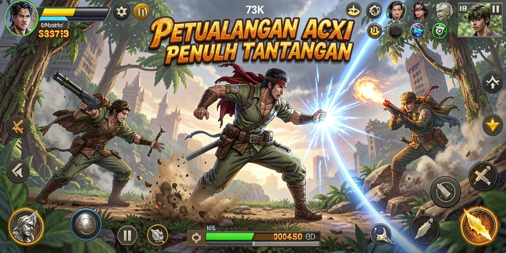 Tampilan gameplay 73K yang mendebarkan dalam pertempuran aksi.