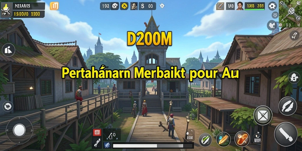 Screenshot gameplay D200M menampilkan menara bertahan yang megah.