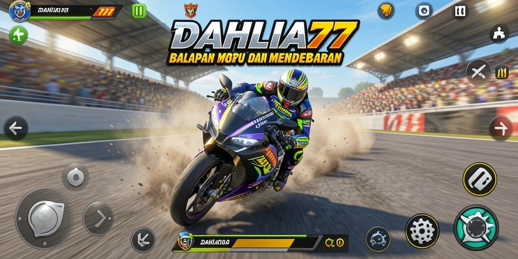 Tampilan gameplay DAHLIA77 dengan aksi balapan motor yang mendebarkan.