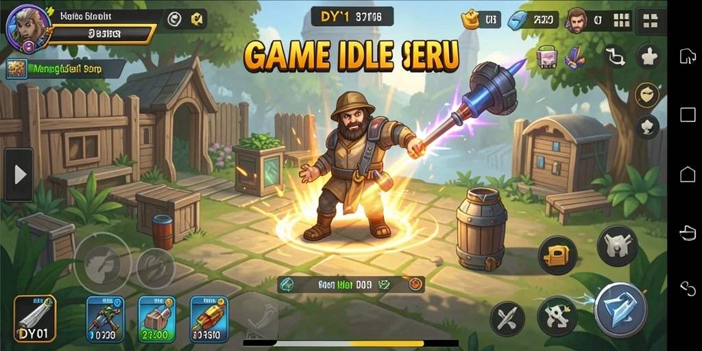 Screenshot gameplay DY01 menunjukkan karakter mengumpulkan sumber daya secara otomatis.