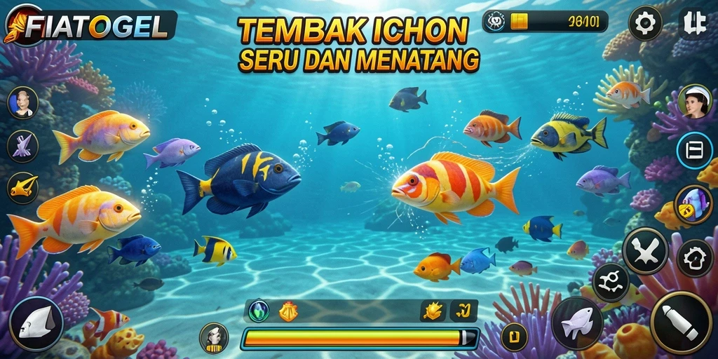 Tampilan gameplay seru dari FIATOGEL dengan berbagai ikan yang menantang.