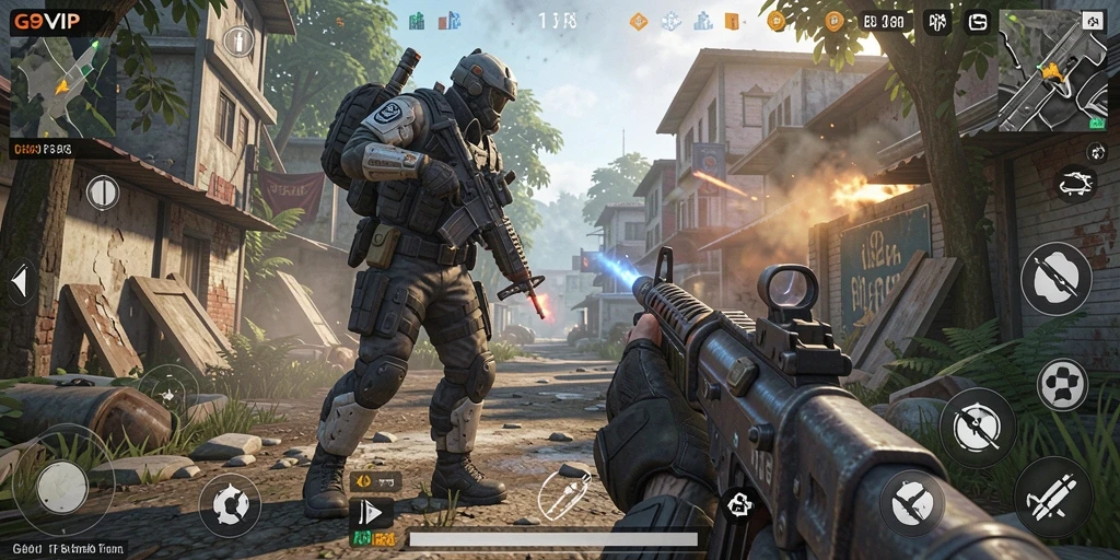 Screenshot gameplay G9VIP yang menunjukkan pertempuran epik dalam game FPS.