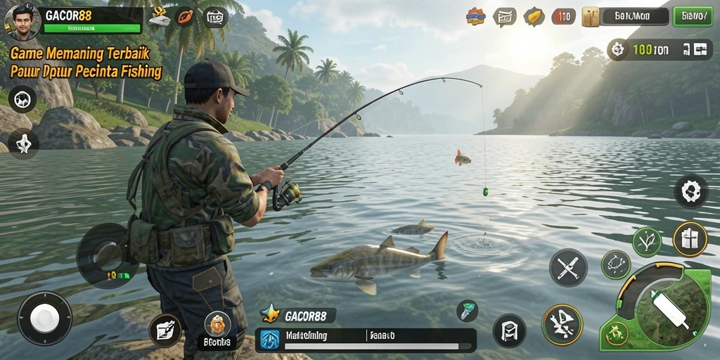 Screenshot gameplay GACOR88 dengan pemain memancing di danau.