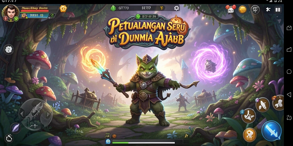 Tangkapan layar gameplay GT777 yang menunjukkan karakter menjelajahi dunia penuh warna.