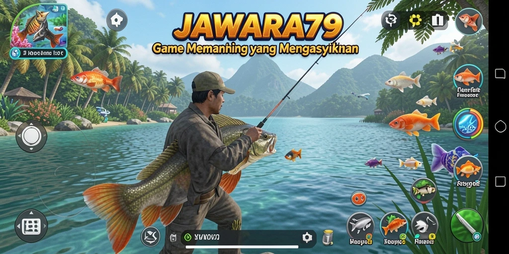 Screenshot JAWARA79 menampilkan gameplay seru saat memancing di tepi laut.