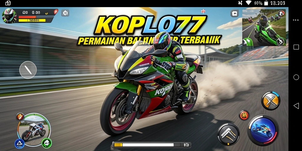 Screenshot gameplay KOPLO77 menunjukkan aksi balapan motor yang menegangkan.
