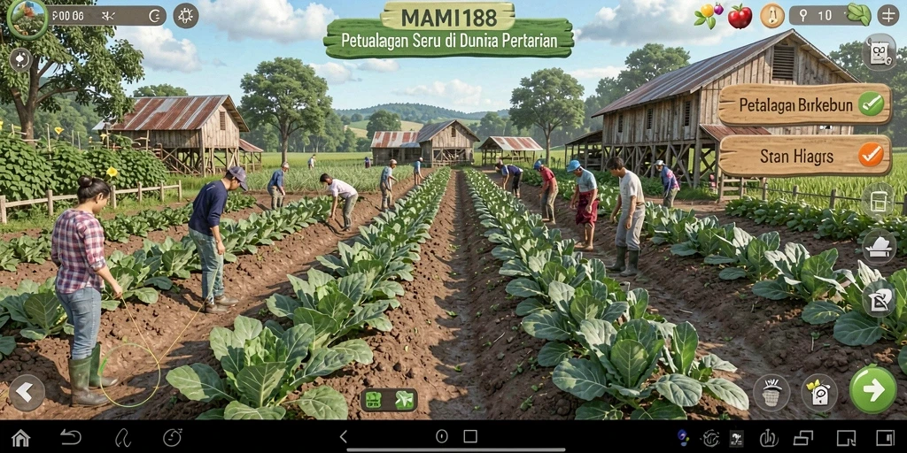 Tampilan utama gameplay MAMI188 menampilkan kebun yang subur dan penuh tanaman.