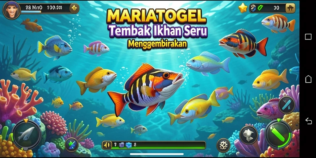 Screenshot gameplay MARIATOGEL menunjukkan ikan berwarna-warni dan senjata yang digunakan.