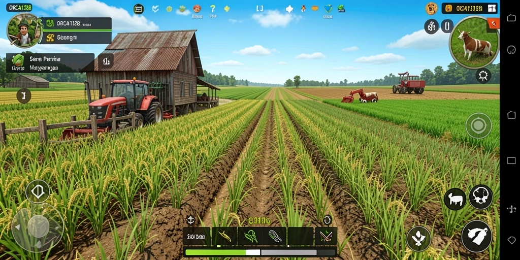 Tampilan gameplay <strong>ORCA128</strong> dengan ladang subur dan hewan yang bahagia.