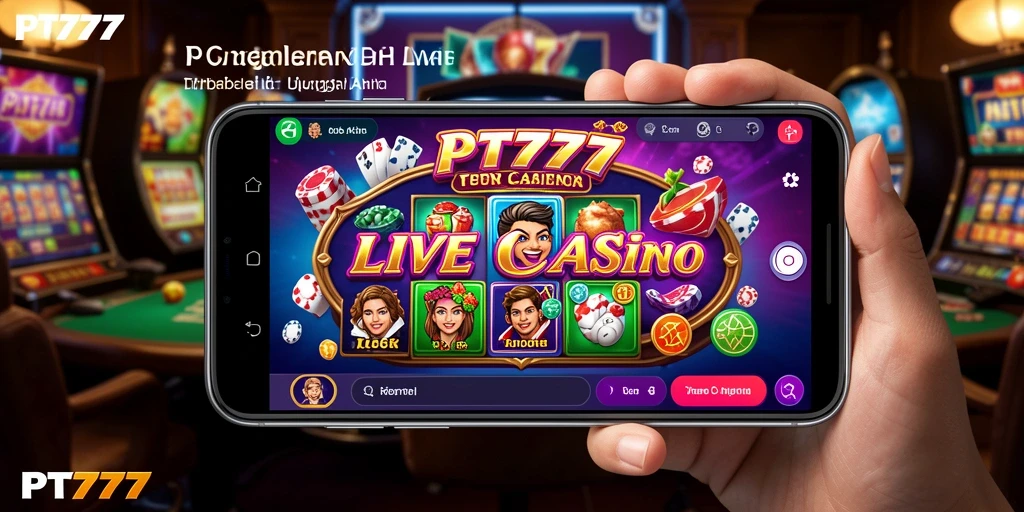 Tangkapan layar gameplay PT777 menunjukkan dealer langsung yang interaktif dan suasana kasino yang mendebarkan.