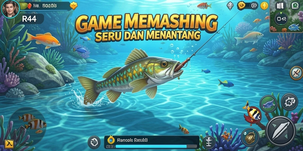 Screenshot utama menunjukkan pemain memancing di danau yang indah.
