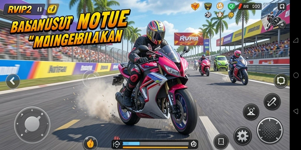 Tampilan gameplay seru di RVIP2 dengan motor balap yang cepat.