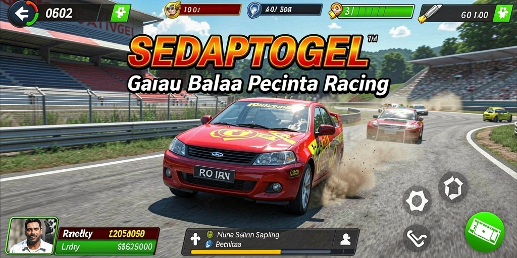 Tampilan gameplay SEDAPTOGEL dengan mobil balap yang sedang melaju.